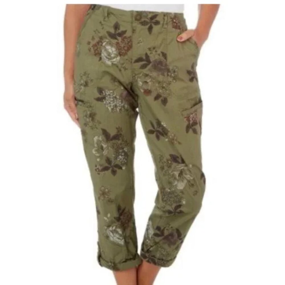 Democracy Flex-ellent Womens Floral Camo Cargo Olive Cotton Cropped Pants size 8